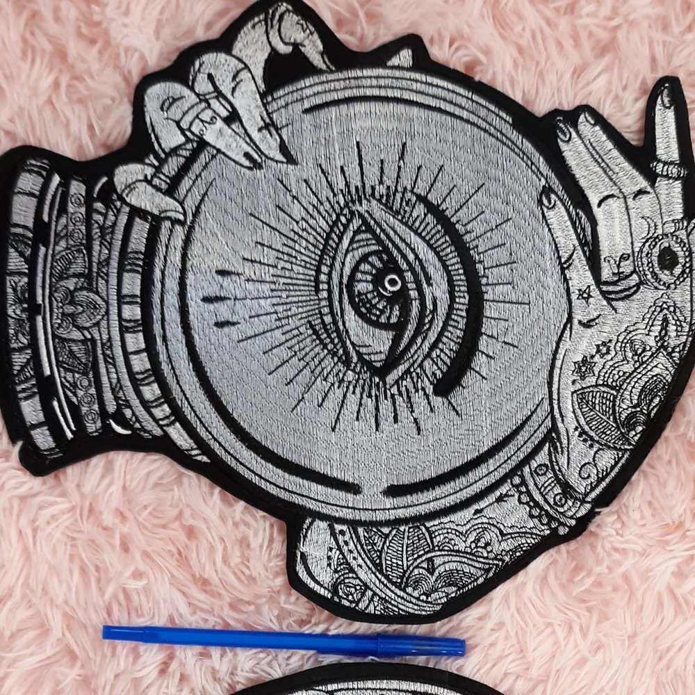 LAST 1! XXXL stunning huge crystal ball w tattooed hands IRON ON patch - Picture 3 of 12